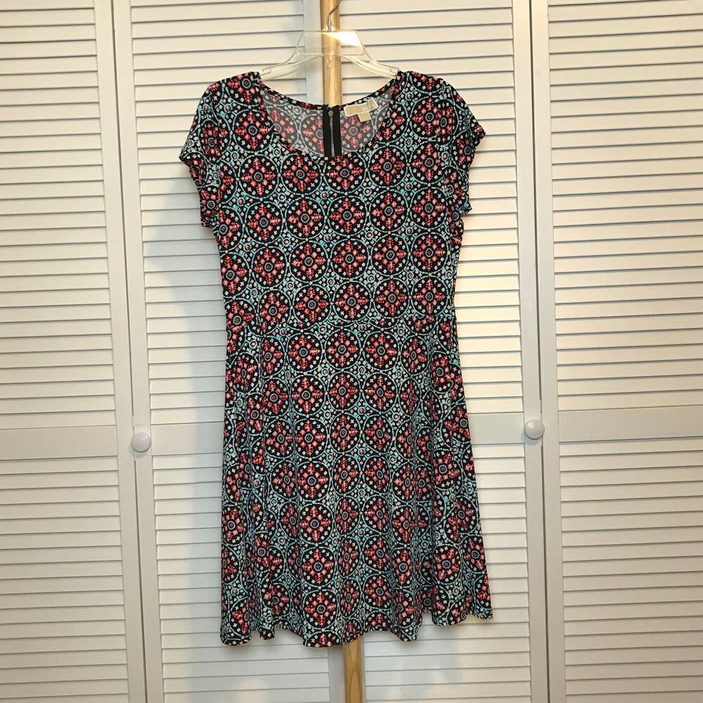 Michael Kors Geometric Scoop Neck Cap Sleeve Midi A-line Dress L